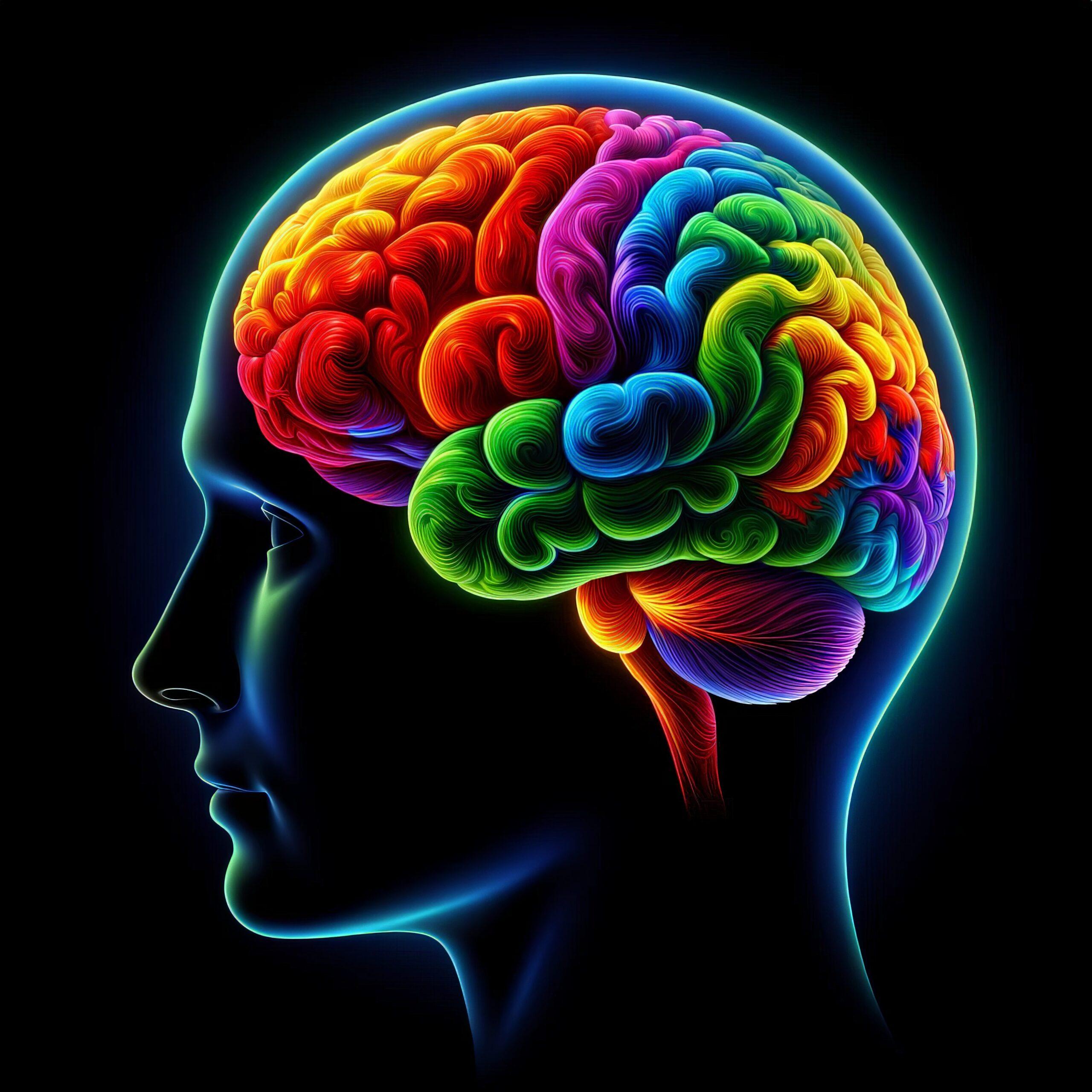 Buntes Gehirn leuchtet in transparentem blauen Kopfprofil vor schwarzem Hintergrund.