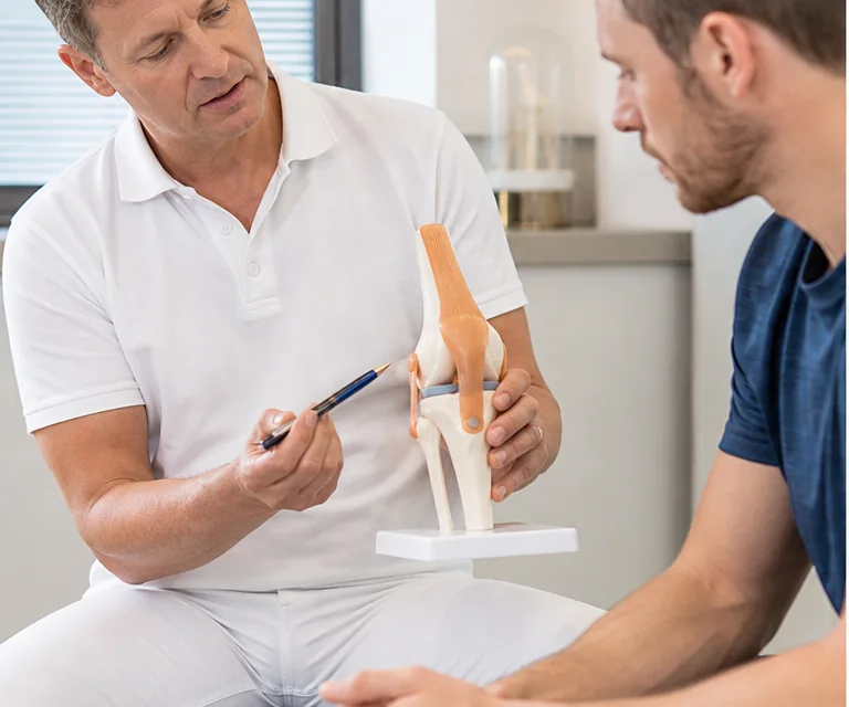 Sportorthopäde erklärt einer Patientin ein Gelenkmodell