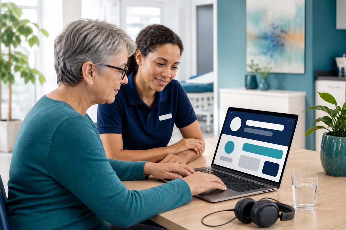 Ältere Patientin bedient eine zugängliche Praxis-Website mit der Tastatur