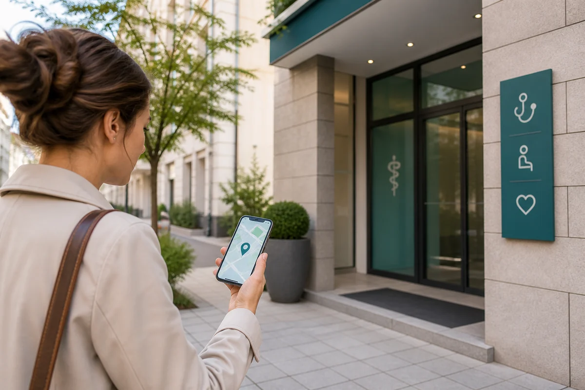 Patientin findet den Eingang einer Arztpraxis mithilfe ihres Smartphones