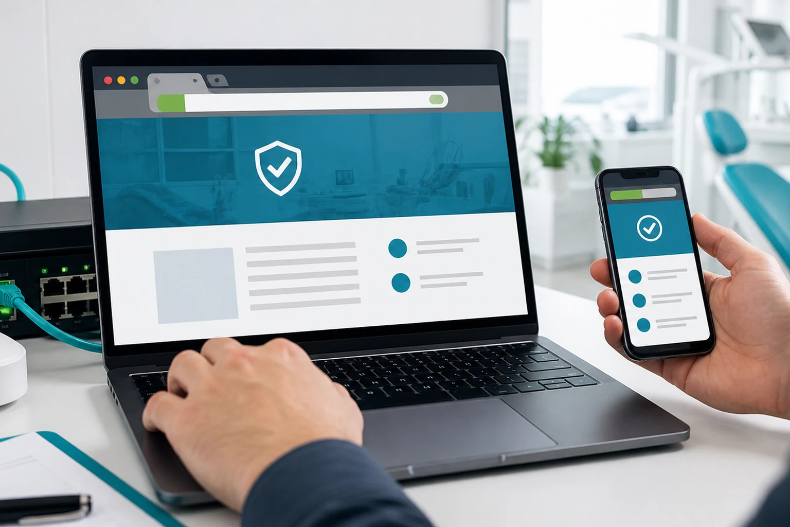 Techniker kontrolliert die verschlüsselte Übertragung einer Praxis-Website