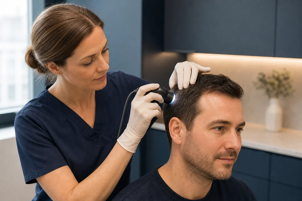 Dermatologische Untersuchung der Kopfhaut mit einem Dermatoskop