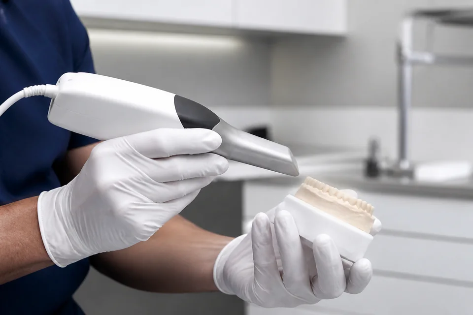 Digitaler Intraoralscanner und Zahnmodell