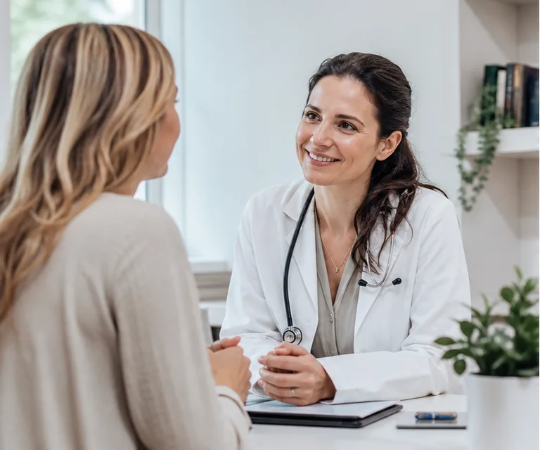 Ärztin im ruhigen Gespräch mit einem Patienten