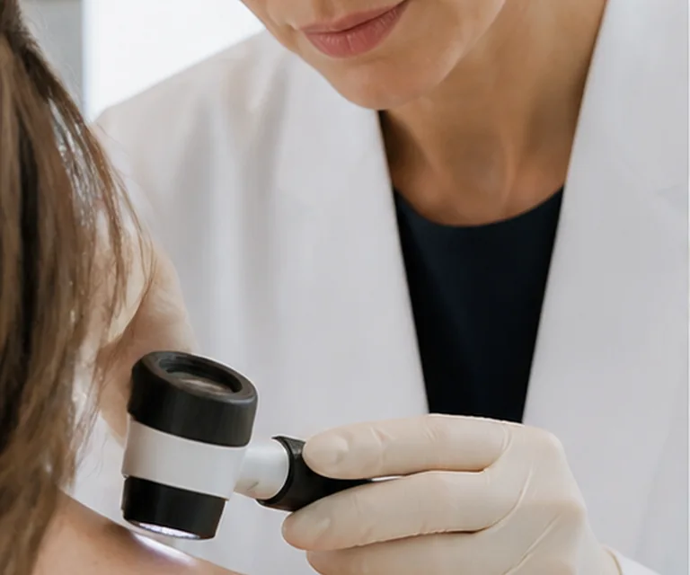 Dermatologin bei einer sorgfältigen Hautuntersuchung