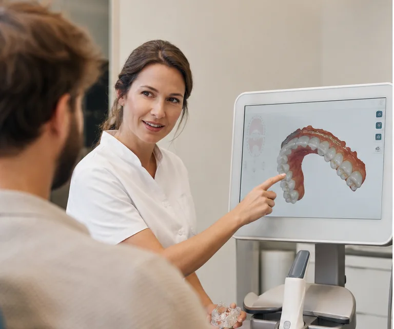 Zahnärztin erklärt einem Patienten digitale Aufnahmen