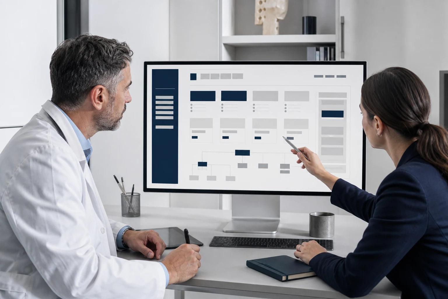 Arzt und Digitalberaterin planen gemeinsam eine Praxis-Website