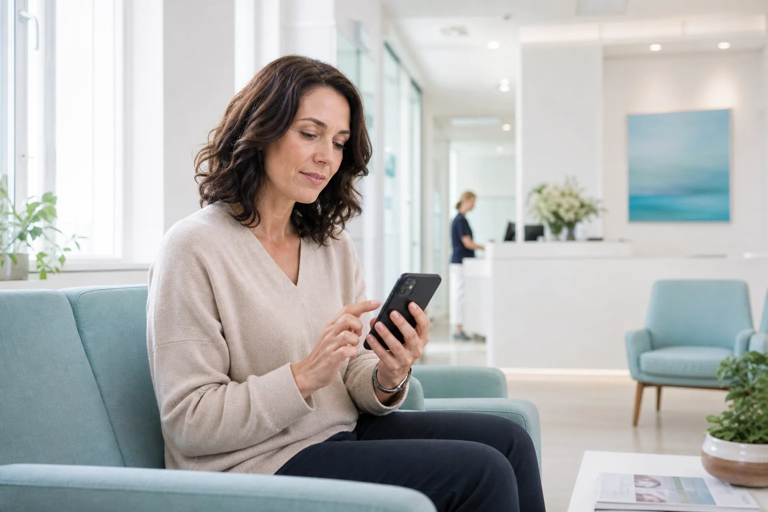 Patientin findet Praxisinformationen auf ihrem Smartphone