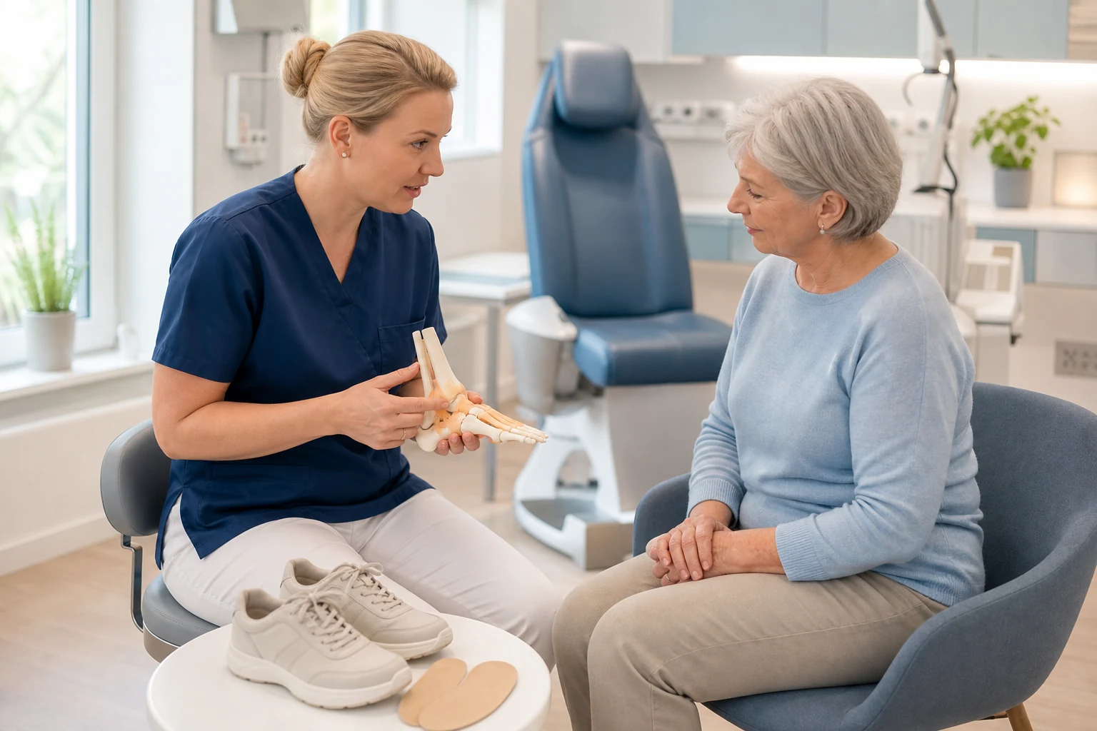 Podologin erklärt einer Patientin die professionelle Fußbehandlung